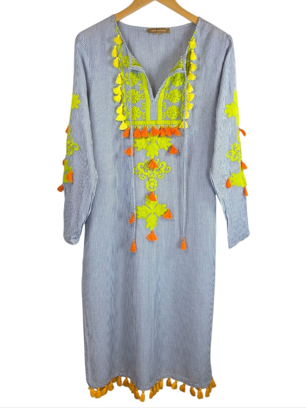 Rose And Rose Striped Midi Cotton Embroidered Boho Beach Dress Kaftan Coastal